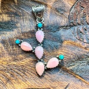 925 Sterling Silver Pink Queen Conch Cactus Pendant w Kingman Turquoise